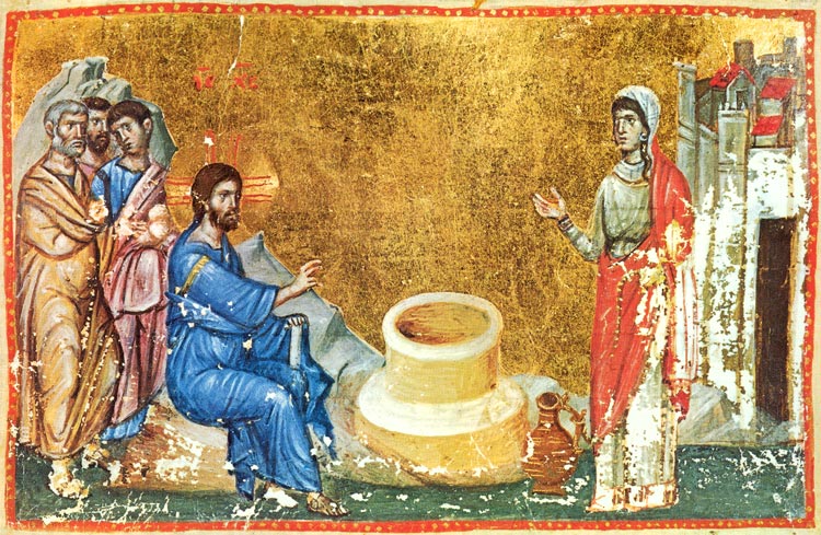 Христос и Самарянка. Миниатюра XIII в. Иверский монастырь, Афон